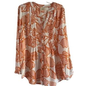 MAEVE by Anthropologie Orange Floral Pintucked Long Sleeve Button Down Top Large